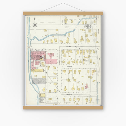 Old map wall art mockup — magnetic wood frame on white wall — Sanborn Fire Insurance Map from Clinton, Lenawee County, Michigan (1907), Sheet #0003