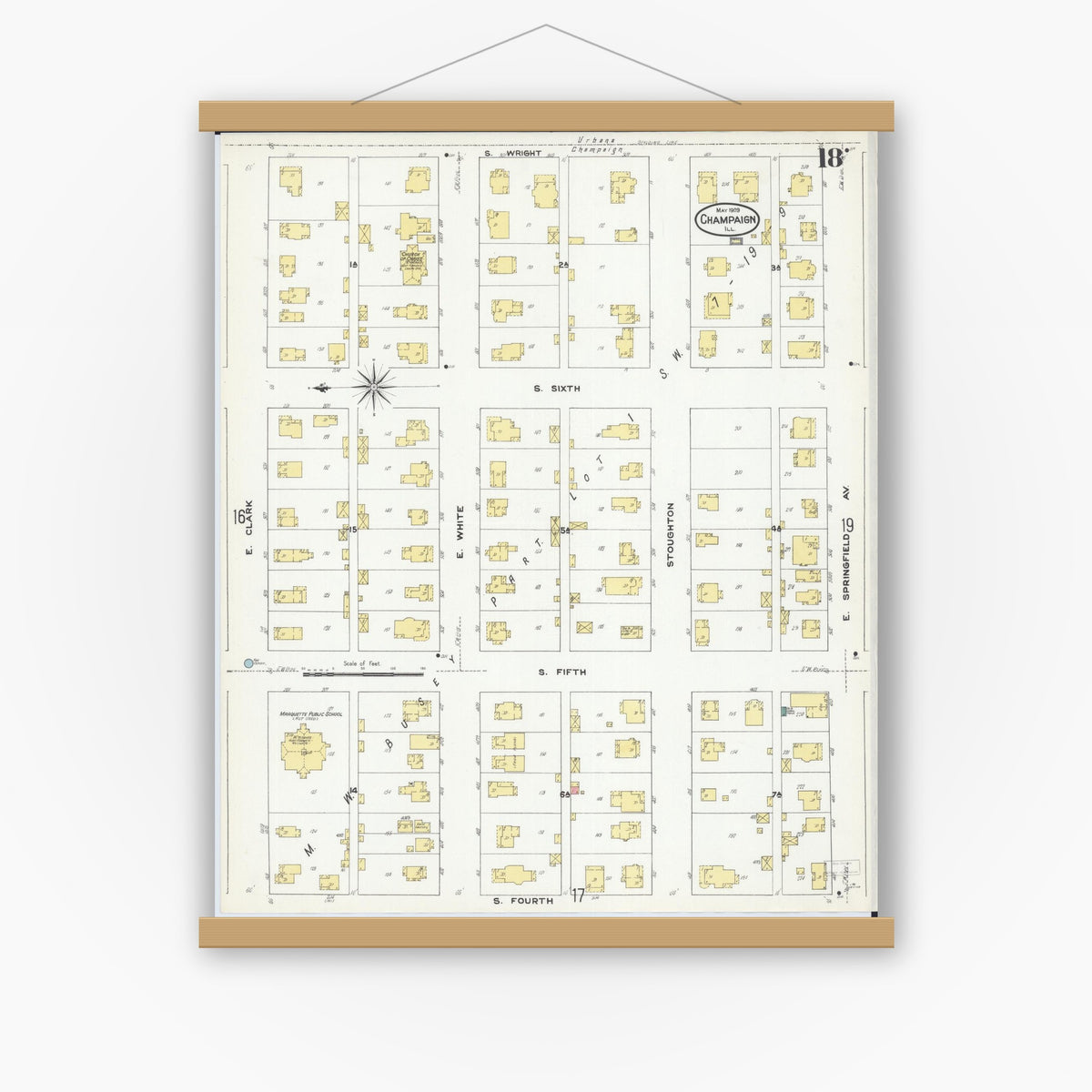 Old map wall art mockup — magnetic wood frame on white wall — Sanborn Fire Insurance Map from Champaign, Champaign County, Illinois (1909), Sheet #0018