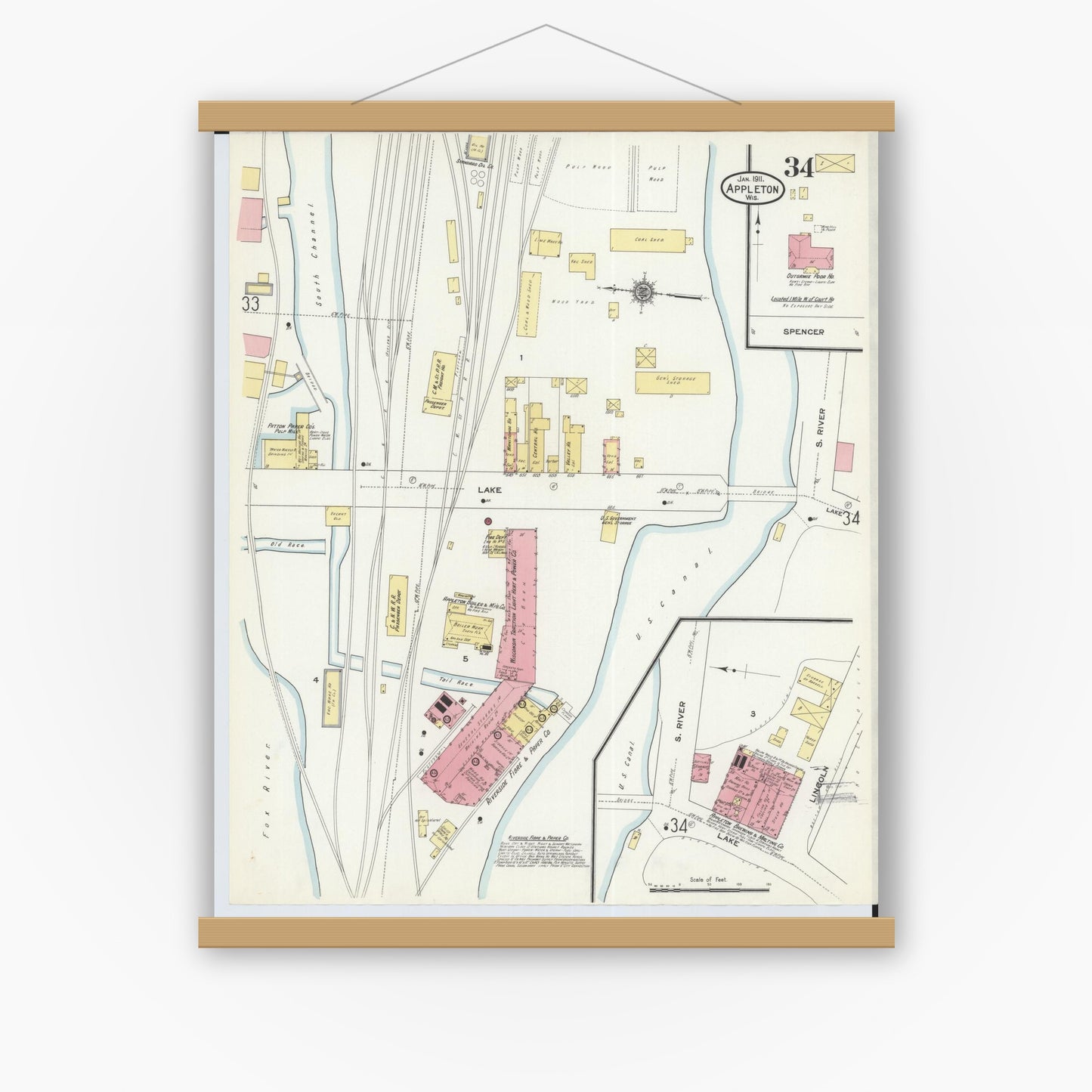 Old map wall art mockup — magnetic wood frame on white wall — Sanborn Fire Insurance Map from Appleton, Outagamie County, Wisconsin (1911), Sheet #0034