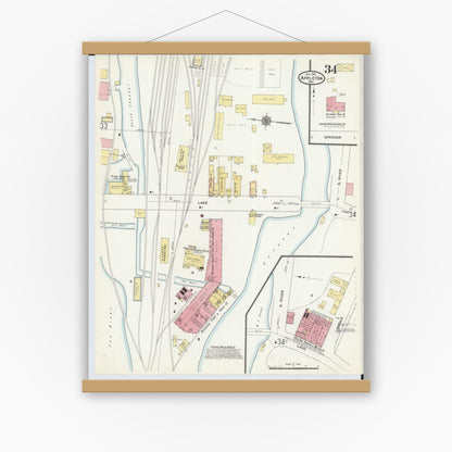 Old map wall art mockup — magnetic wood frame on white wall — Sanborn Fire Insurance Map from Appleton, Outagamie County, Wisconsin (1911), Sheet #0034