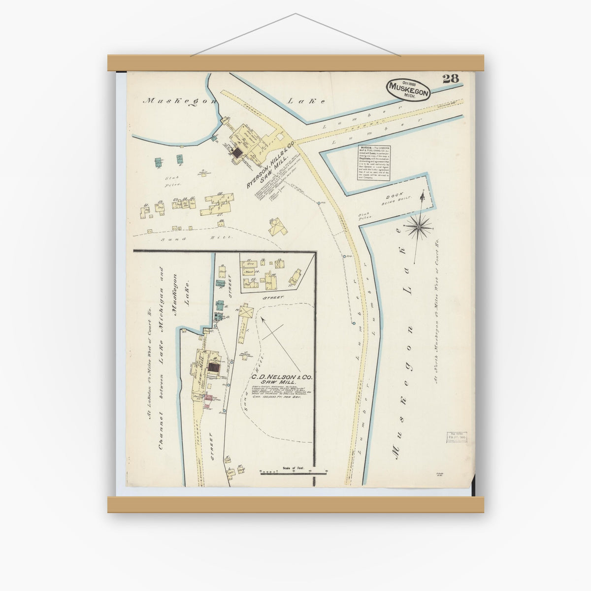 Old map wall art mockup — magnetic wood frame on white wall — Sanborn Fire Insurance Map from Muskegon, Muskegon County, Michigan (1883), Sheet #0028