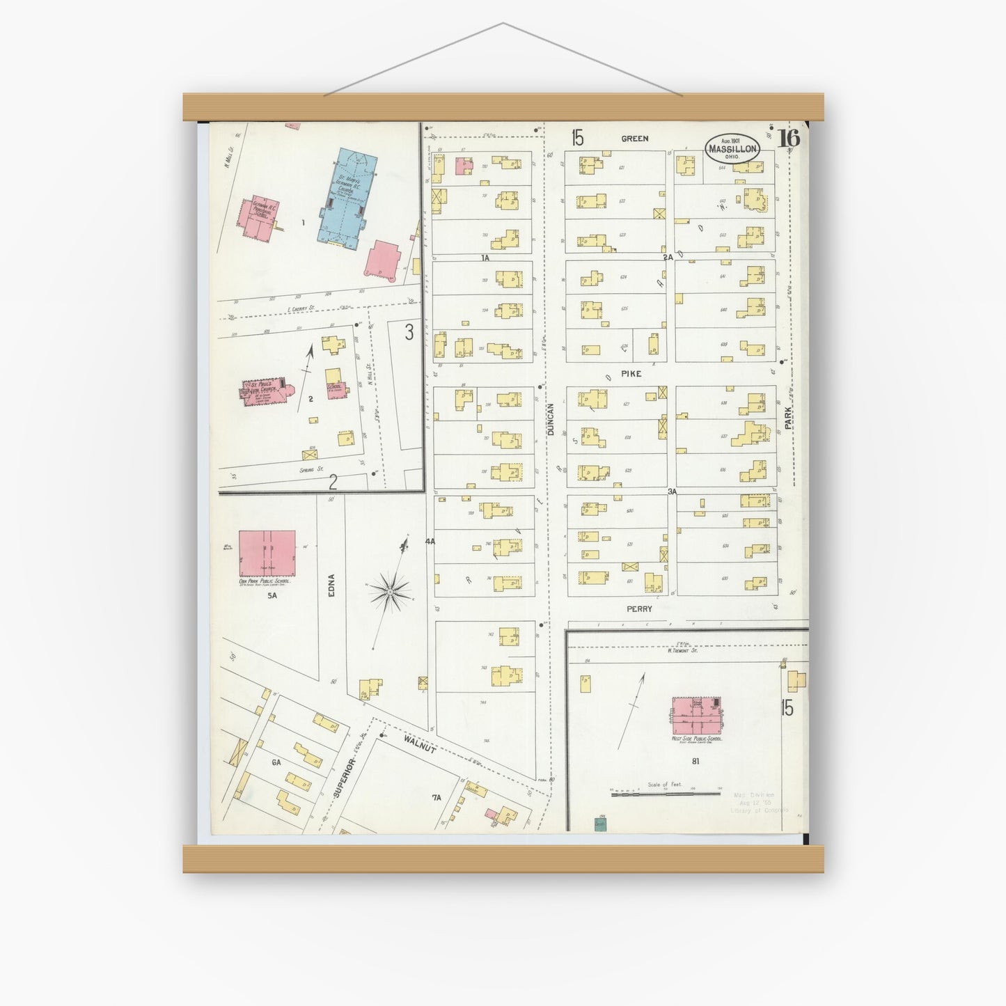 Old map wall art mockup — magnetic wood frame on white wall — Sanborn Fire Insurance Map from Massillon, Stark County, Ohio (1901), Sheet #0016