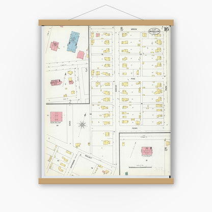 Old map wall art mockup — magnetic wood frame on white wall — Sanborn Fire Insurance Map from Massillon, Stark County, Ohio (1901), Sheet #0016