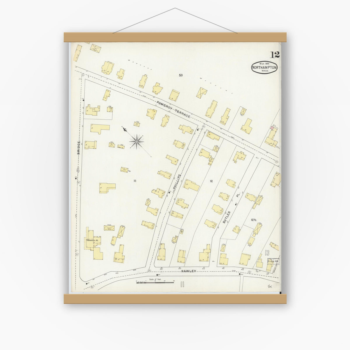 Old map wall art mockup — magnetic wood frame on white wall — Sanborn Fire Insurance Map from Northampton, Hampshire County, Massachusetts (1895), Sheet #0012