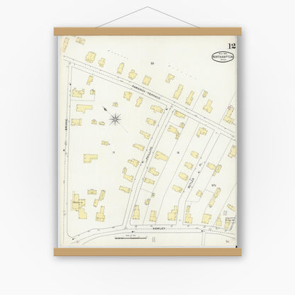 Old map wall art mockup — magnetic wood frame on white wall — Sanborn Fire Insurance Map from Northampton, Hampshire County, Massachusetts (1895), Sheet #0012