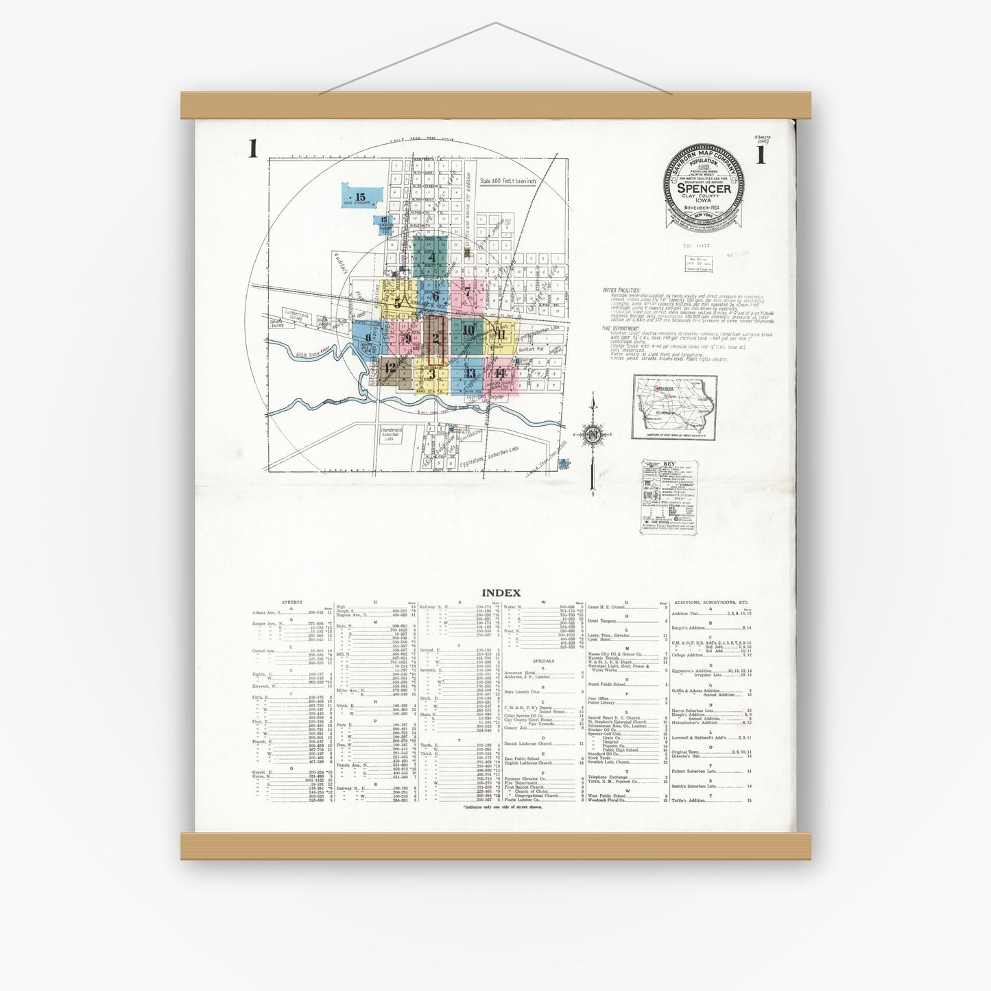 Old map wall art mockup — magnetic wood frame on white wall — Sanborn Fire Insurance Map from Spencer, Clay County, Iowa (1924) â€” Complete Set