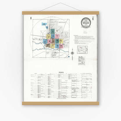 Old map wall art mockup — magnetic wood frame on white wall — Sanborn Fire Insurance Map from Spencer, Clay County, Iowa (1924) â€” Complete Set