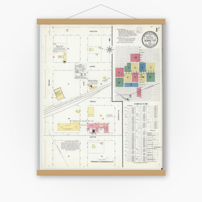 Old map wall art mockup — magnetic wood frame on white wall — Sanborn Fire Insurance Map from Henrietta, Clay County, Texas (1907), Sheet #0001