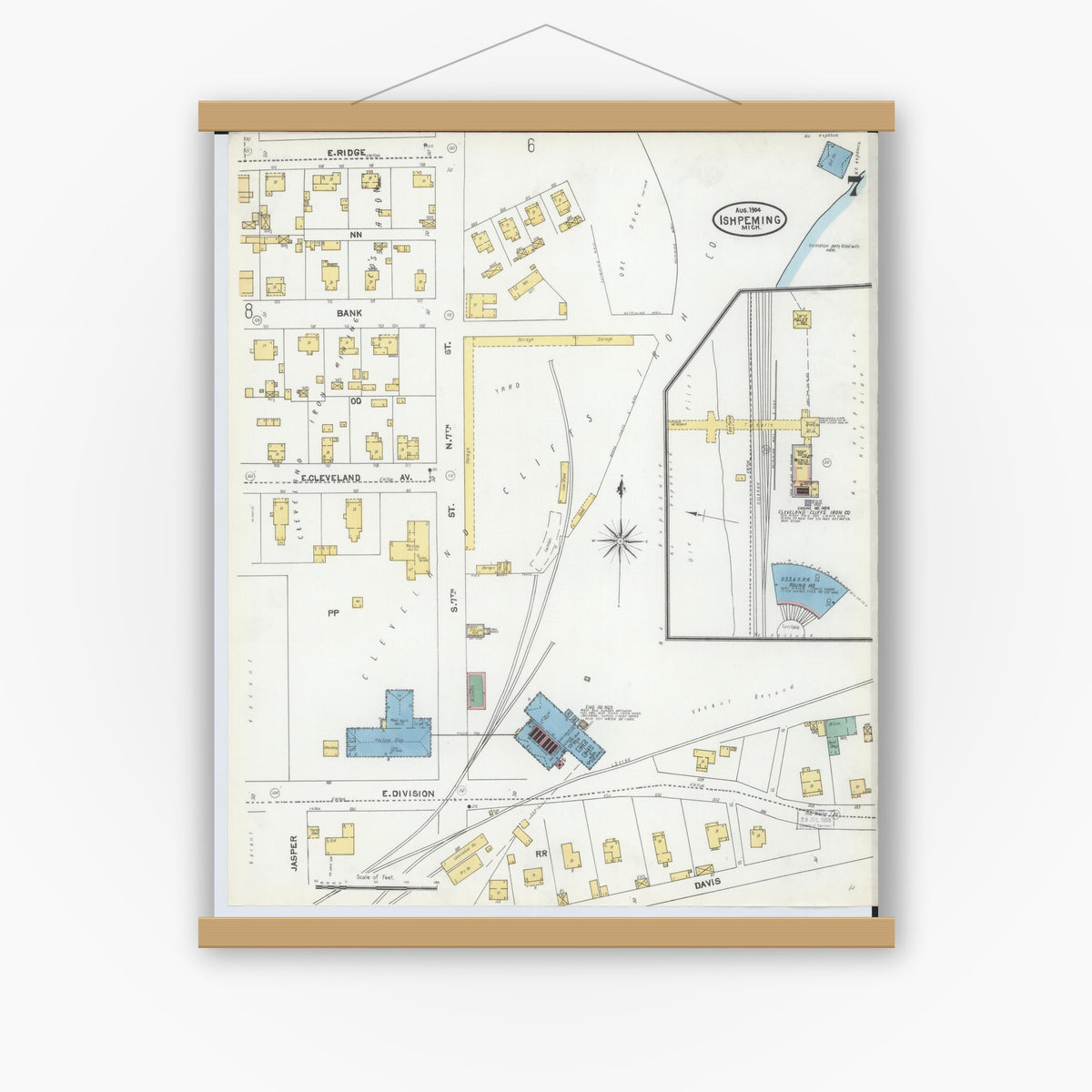 Old map wall art mockup — magnetic wood frame on white wall — Sanborn Fire Insurance Map from Ishpeming, Marquette County, Michigan (1904), Sheet #0007