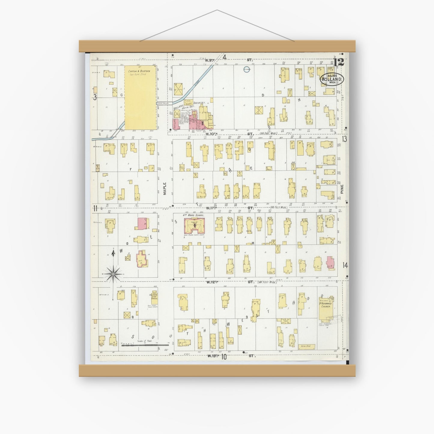 Old map wall art mockup — magnetic wood frame on white wall — Sanborn Fire Insurance Map from Holland, Ottawa County, Michigan (1902), Sheet #0012