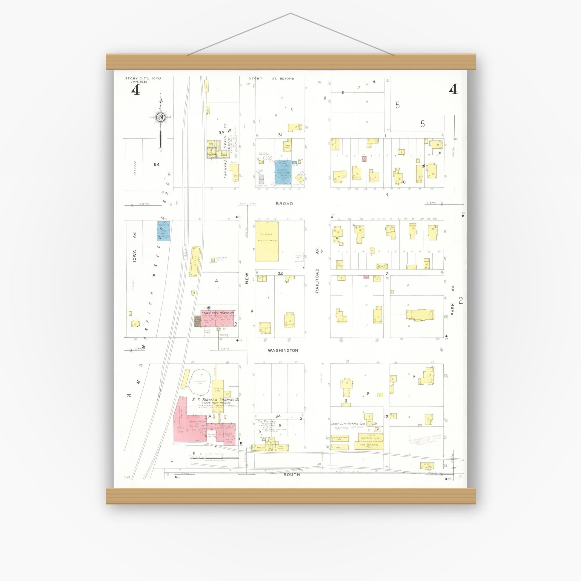 Old map wall art mockup — magnetic wood frame on white wall — Sanborn Fire Insurance Map from Story City, Story County, Iowa (1932), Sheet #0004