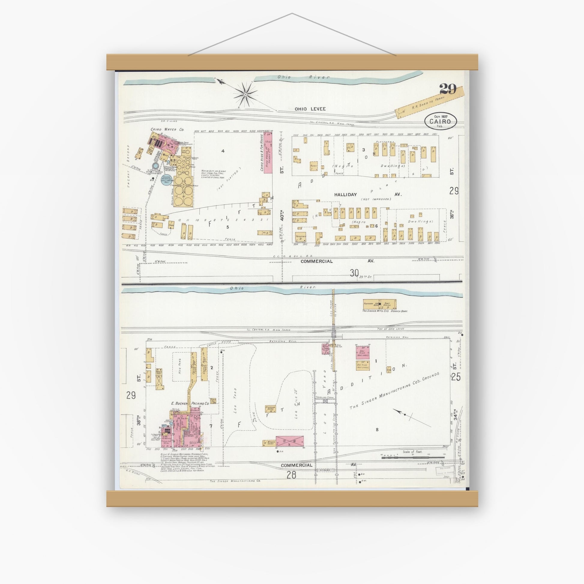 Old map wall art mockup — magnetic wood frame on white wall — Sanborn Fire Insurance Map from Cairo, Alexander County, Illinois (1907), Sheet #0029