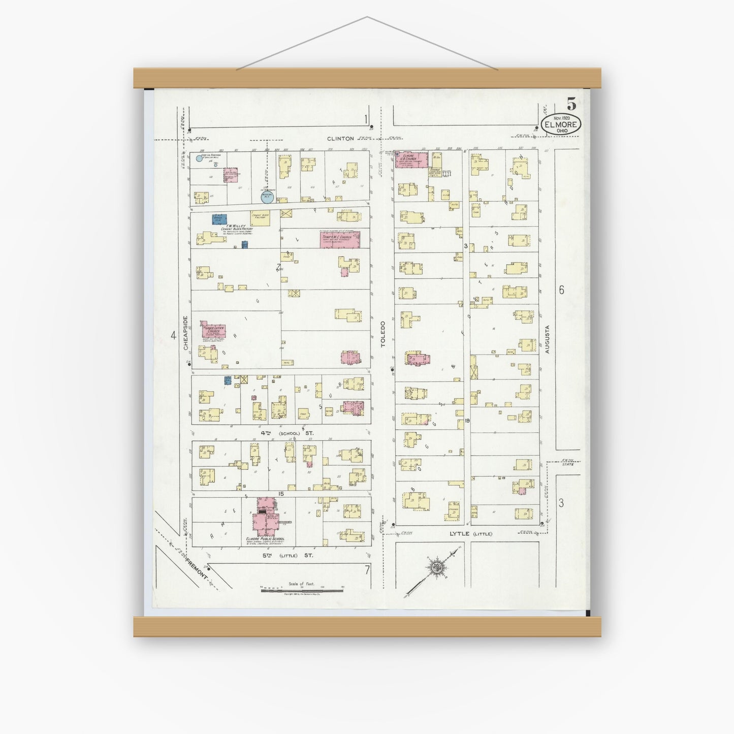 Old map wall art mockup — magnetic wood frame on white wall — Sanborn Fire Insurance Map from Elmore, Ottawa County, Ohio (1920), Sheet #0005