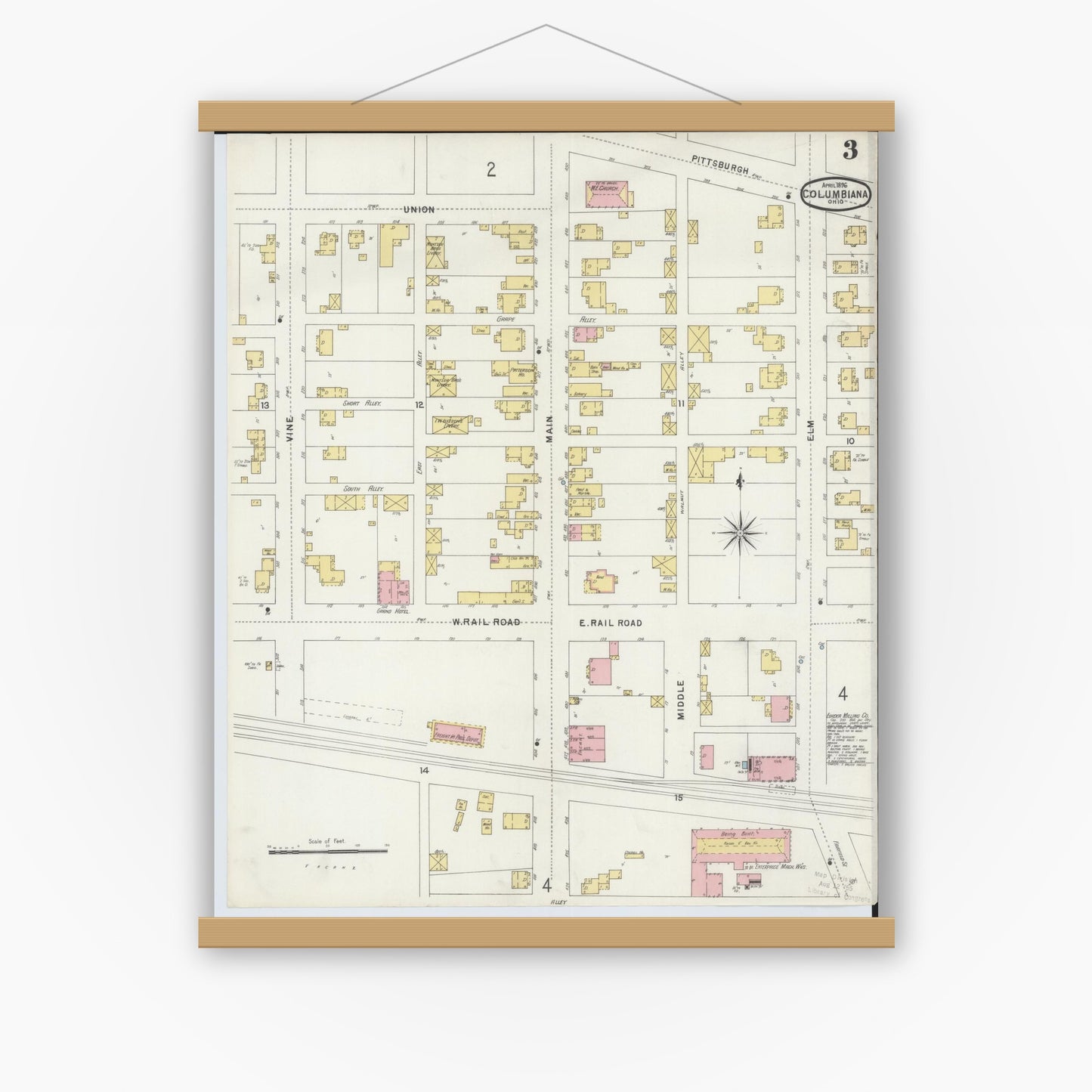 Old map wall art mockup — magnetic wood frame on white wall — Sanborn Fire Insurance Map from Columbiana, Columbiana County, Ohio (1896), Sheet #0003
