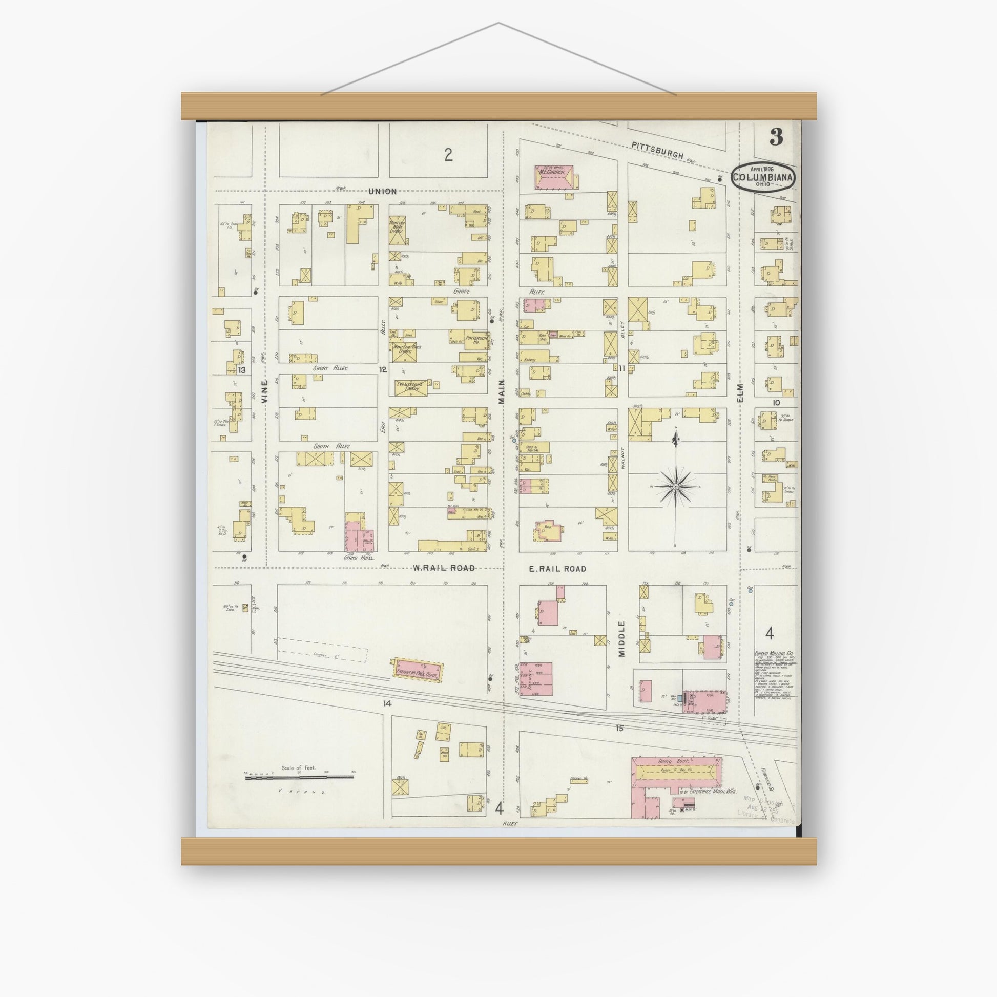 Old map wall art mockup — magnetic wood frame on white wall — Sanborn Fire Insurance Map from Columbiana, Columbiana County, Ohio (1896), Sheet #0003
