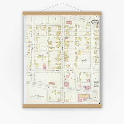 Old map wall art mockup — magnetic wood frame on white wall — Sanborn Fire Insurance Map from Columbiana, Columbiana County, Ohio (1896), Sheet #0003