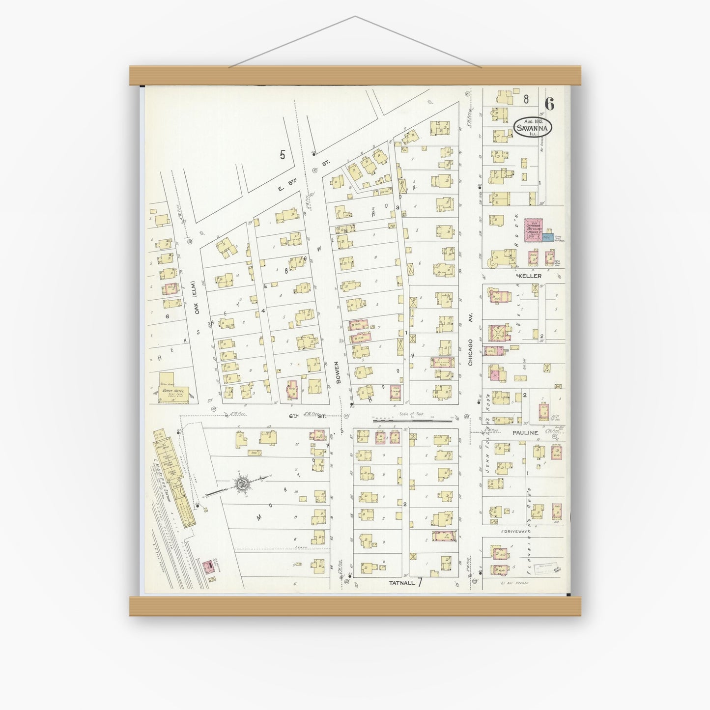 Old map wall art mockup — magnetic wood frame on white wall — Sanborn Fire Insurance Map from Savanna, Carroll County, Illinois (1912), Sheet #0006