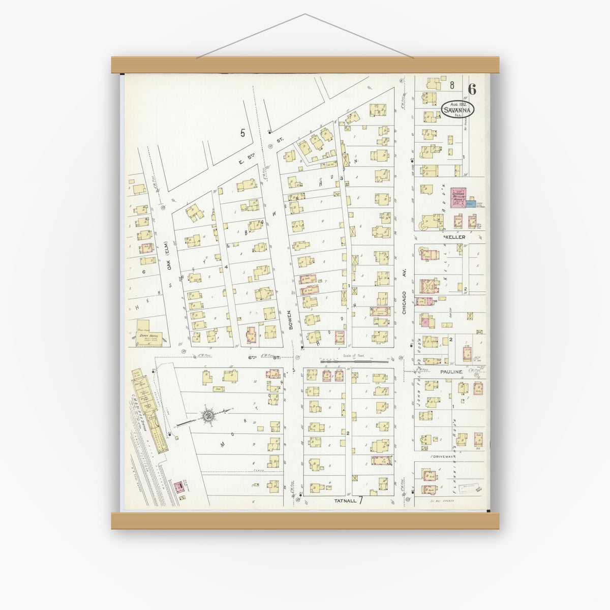 Old map wall art mockup — magnetic wood frame on white wall — Sanborn Fire Insurance Map from Savanna, Carroll County, Illinois (1912), Sheet #0006