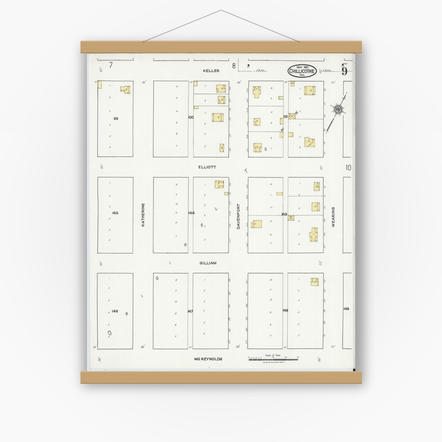 Old map wall art mockup — magnetic wood frame on white wall — Sanborn Fire Insurance Map from Chillicothe, Hardeman County, Texas (1921), Sheet #0009