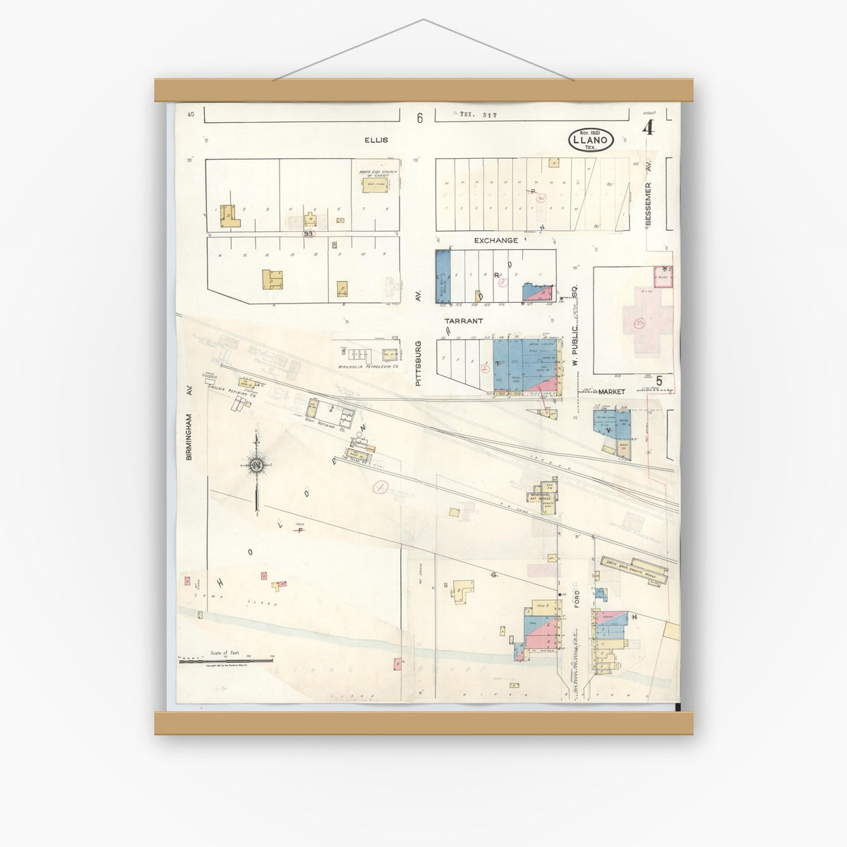 Old map wall art mockup — magnetic wood frame on white wall — Sanborn Fire Insurance Map from Llano, Llano County, Texas (1942), Sheet #0004