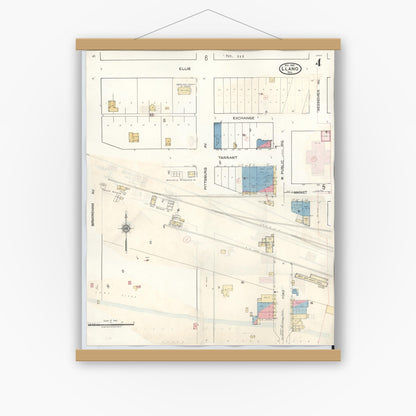 Old map wall art mockup — magnetic wood frame on white wall — Sanborn Fire Insurance Map from Llano, Llano County, Texas (1942), Sheet #0004