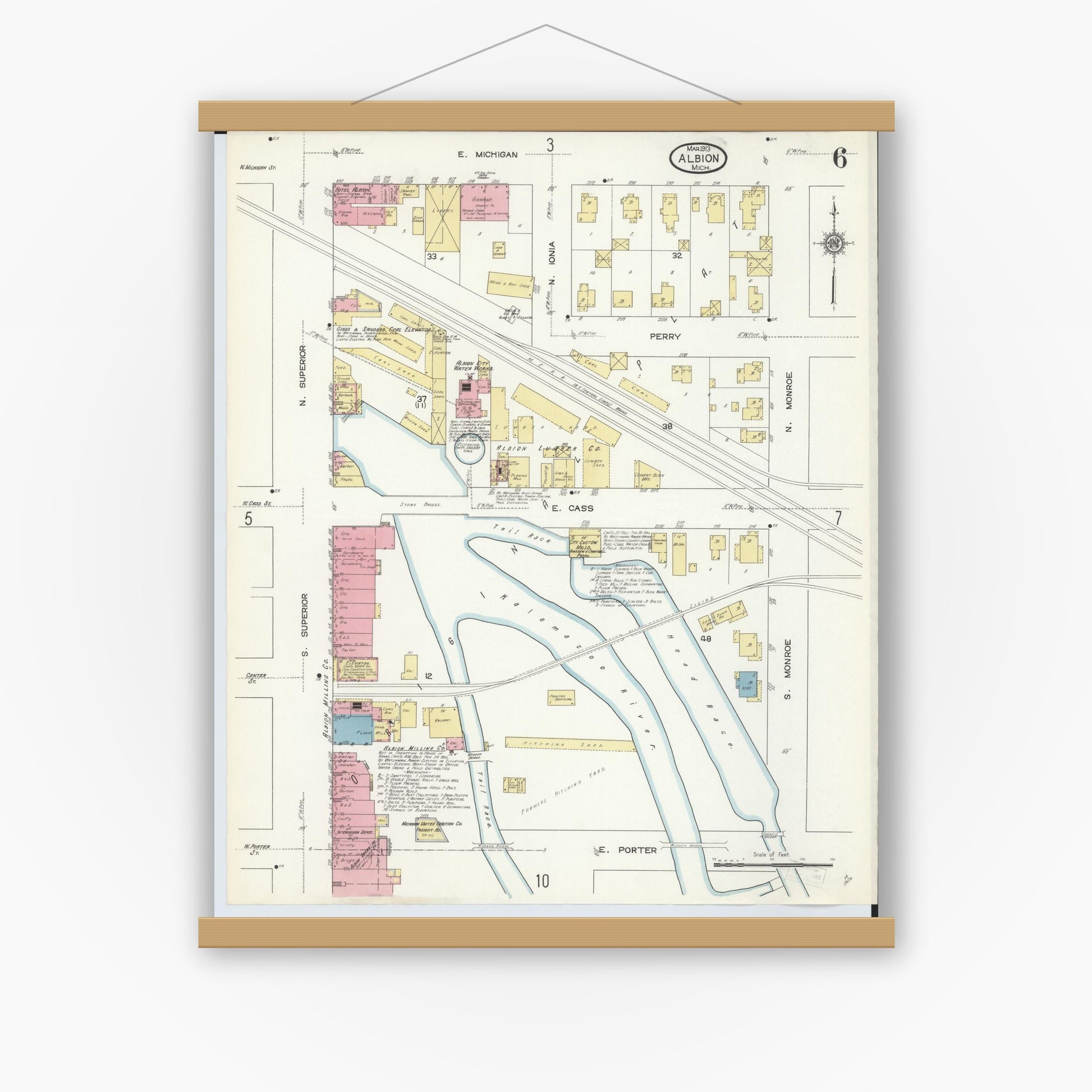 Old map wall art mockup — magnetic wood frame on white wall — Sanborn Fire Insurance Map from Albion, Calhoun County, Michigan (1913), Sheet #0006