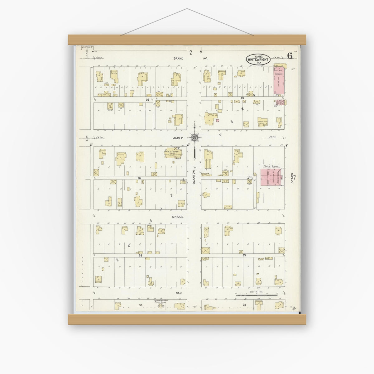 Old map wall art mockup — magnetic wood frame on white wall — Sanborn Fire Insurance Map from Whitewright, Grayson County, Texas (1912), Sheet #0006