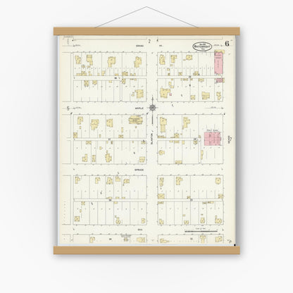 Old map wall art mockup — magnetic wood frame on white wall — Sanborn Fire Insurance Map from Whitewright, Grayson County, Texas (1912), Sheet #0006