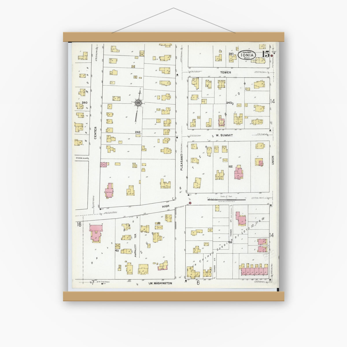 Old map wall art mockup — magnetic wood frame on white wall — Sanborn Fire Insurance Map from Ionia, Ionia County, Michigan (1920), Sheet #0015