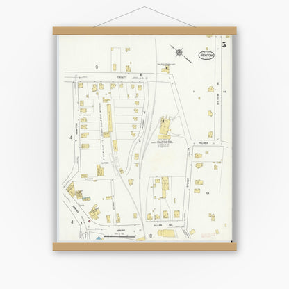 Old map wall art mockup — magnetic wood frame on white wall — Sanborn Fire Insurance Map from Newton, Sussex County, New Jersey (1916), Sheet #0005
