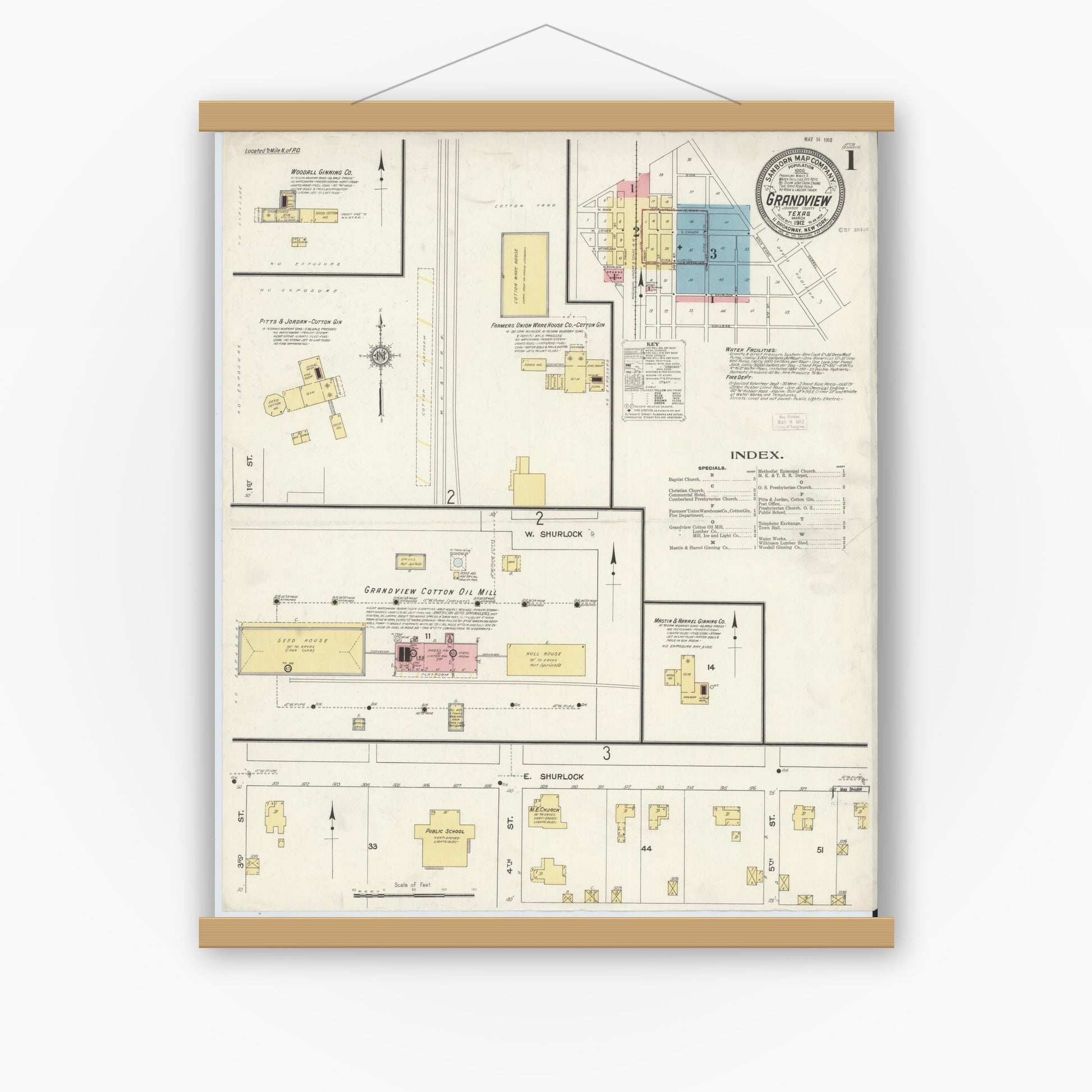 Old map wall art mockup — magnetic wood frame on white wall — Sanborn Fire Insurance Map from Grandview, Johnson County, Texas (1912), Sheet #0001