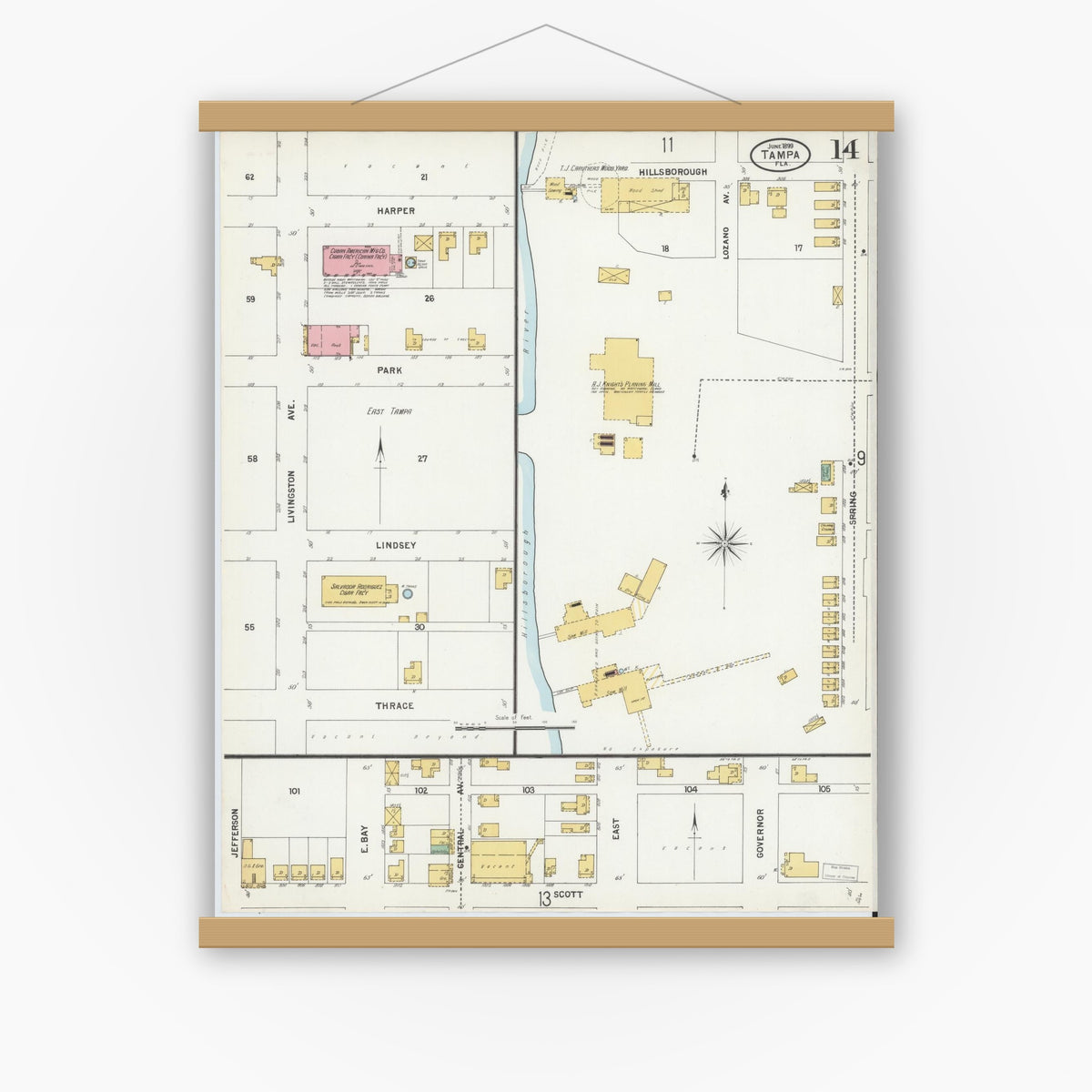 Old map wall art mockup — magnetic wood frame on white wall — Sanborn Fire Insurance Map from Tampa, Hillsborough County, Florida (1899), Sheet #0014