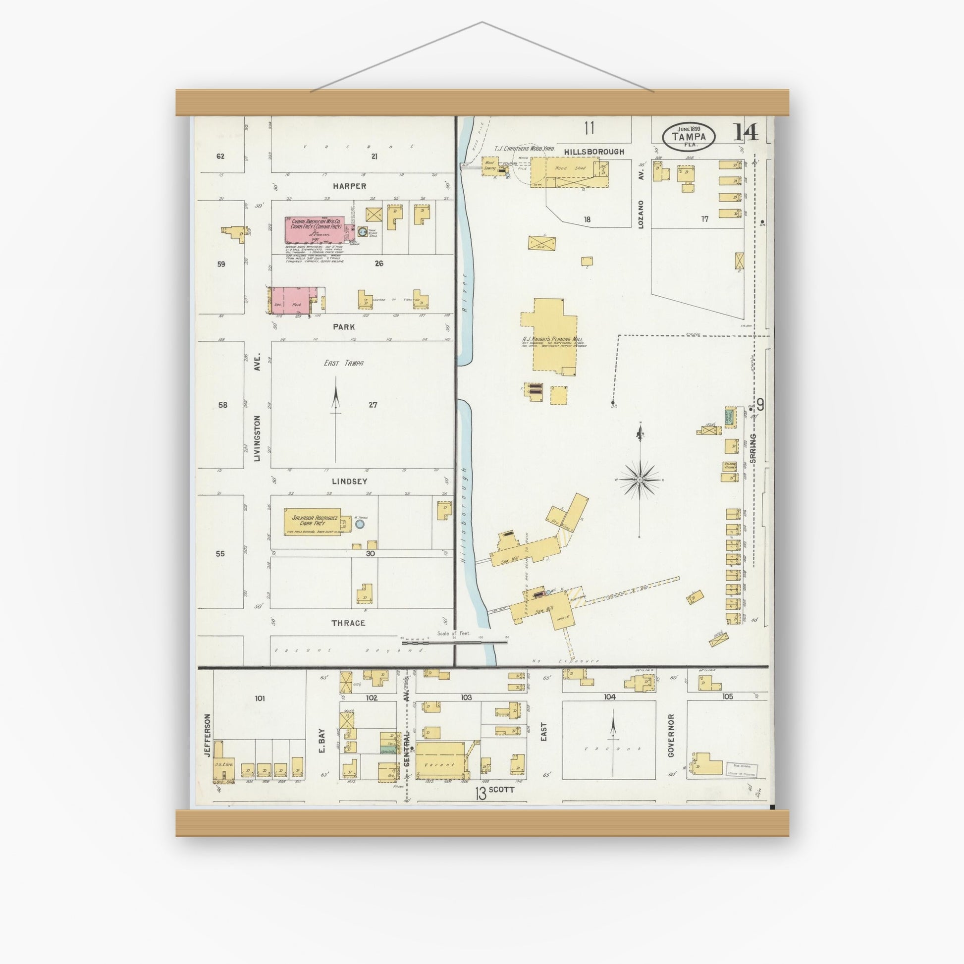 Old map wall art mockup — magnetic wood frame on white wall — Sanborn Fire Insurance Map from Tampa, Hillsborough County, Florida (1899), Sheet #0014