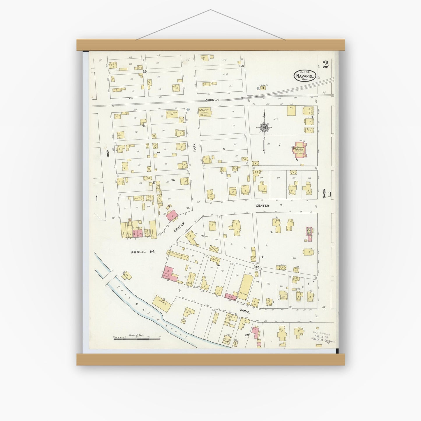 Old map wall art mockup — magnetic wood frame on white wall — Sanborn Fire Insurance Map from Navarre, Stark County, Ohio (1911), Sheet #0002