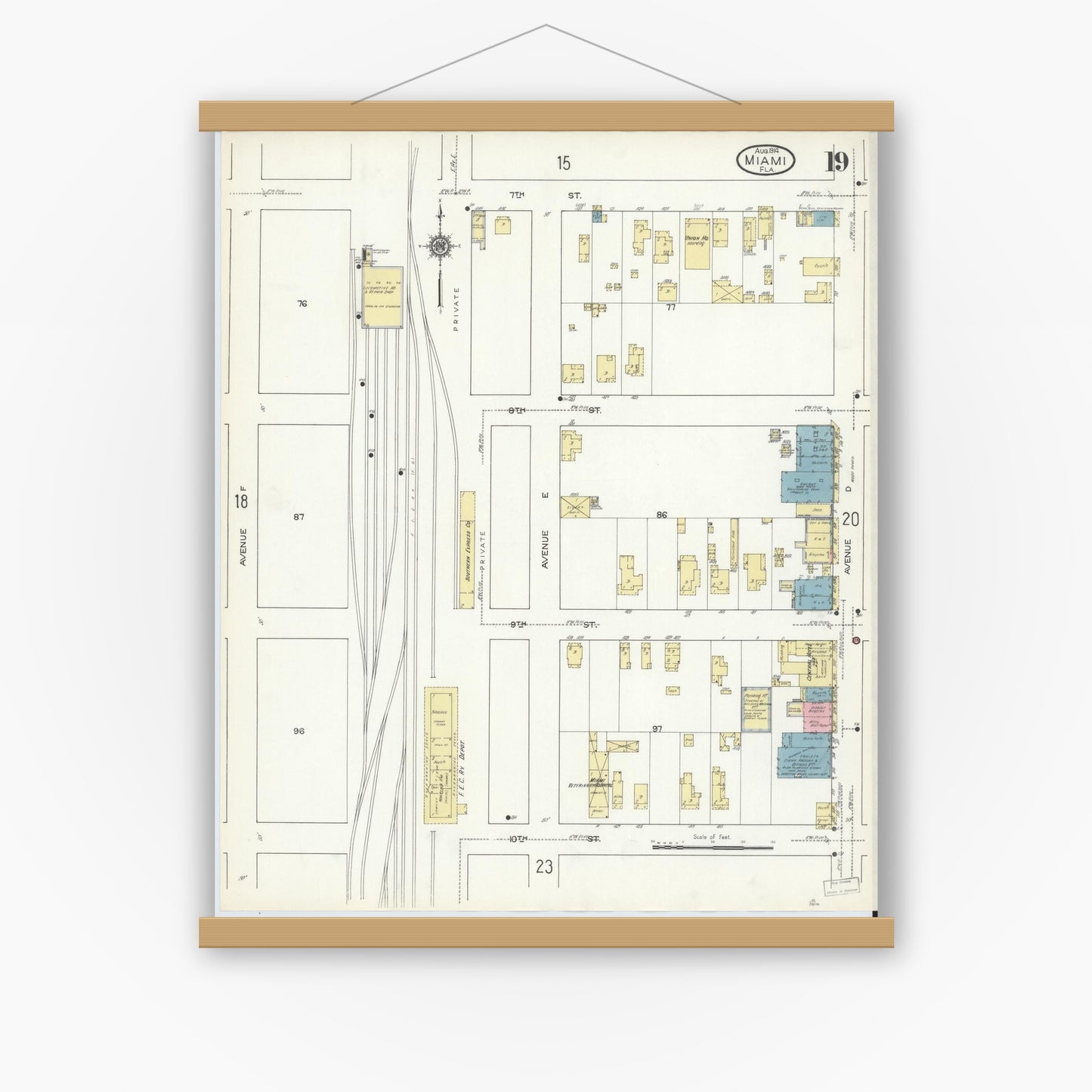 Old map wall art mockup — magnetic wood frame on white wall — Sanborn Fire Insurance Map from Miami, Dade County, Florida (1914), Sheet #0019