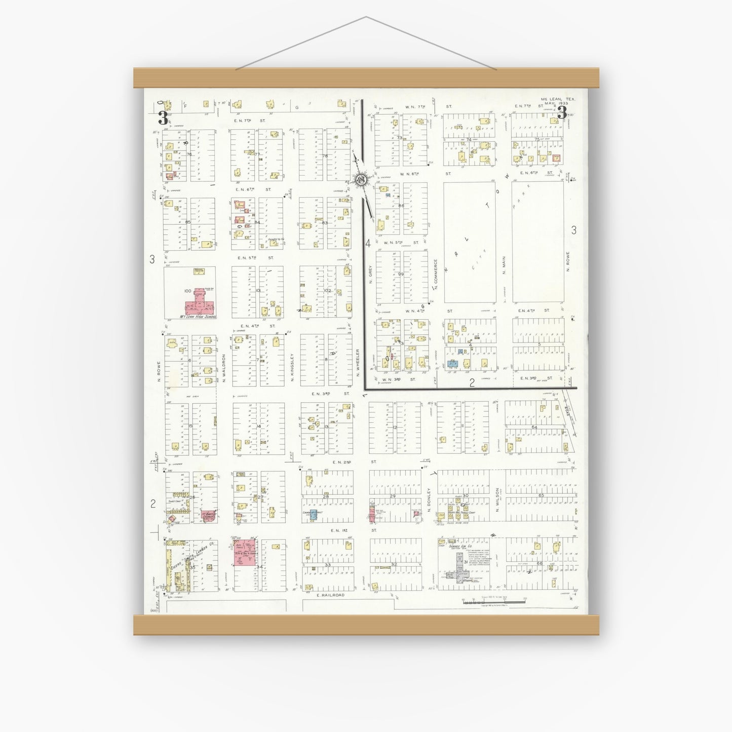 Old map wall art mockup — magnetic wood frame on white wall — Sanborn Fire Insurance Map from McLean, Gray County, Texas (1933), Sheet #0003