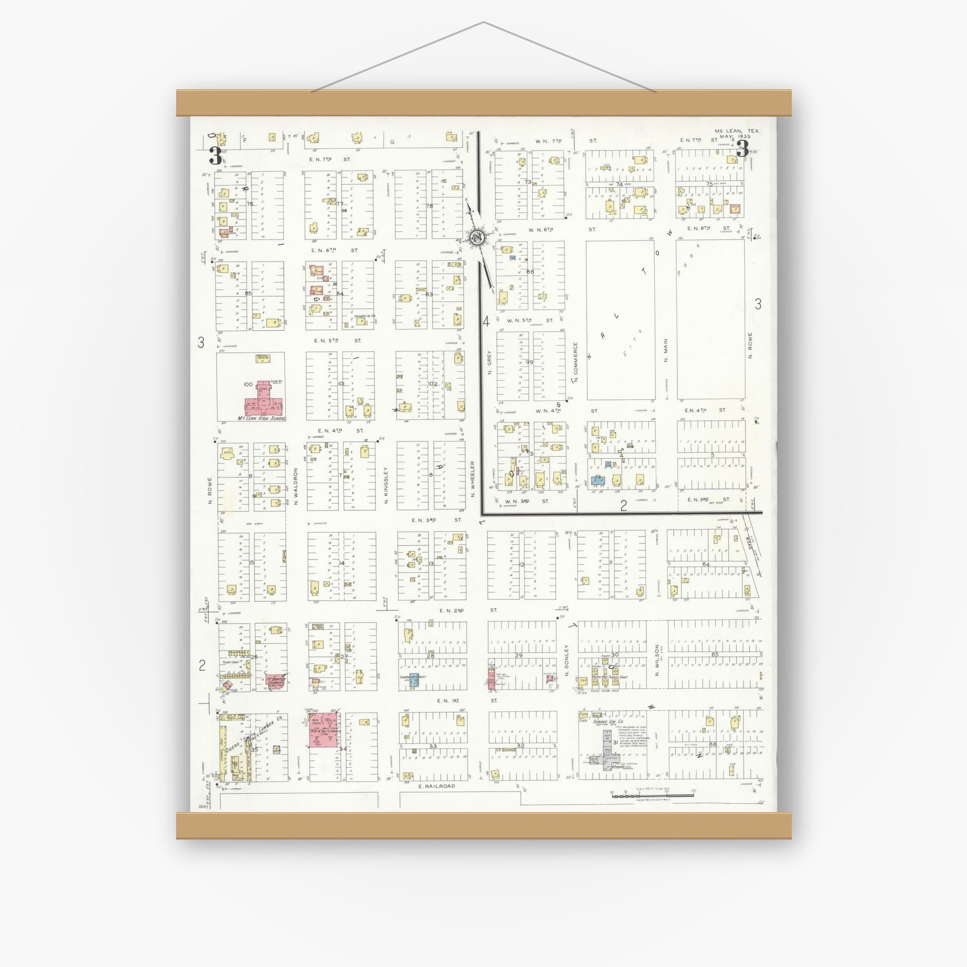 Old map wall art mockup — magnetic wood frame on white wall — Sanborn Fire Insurance Map from McLean, Gray County, Texas (1933), Sheet #0003