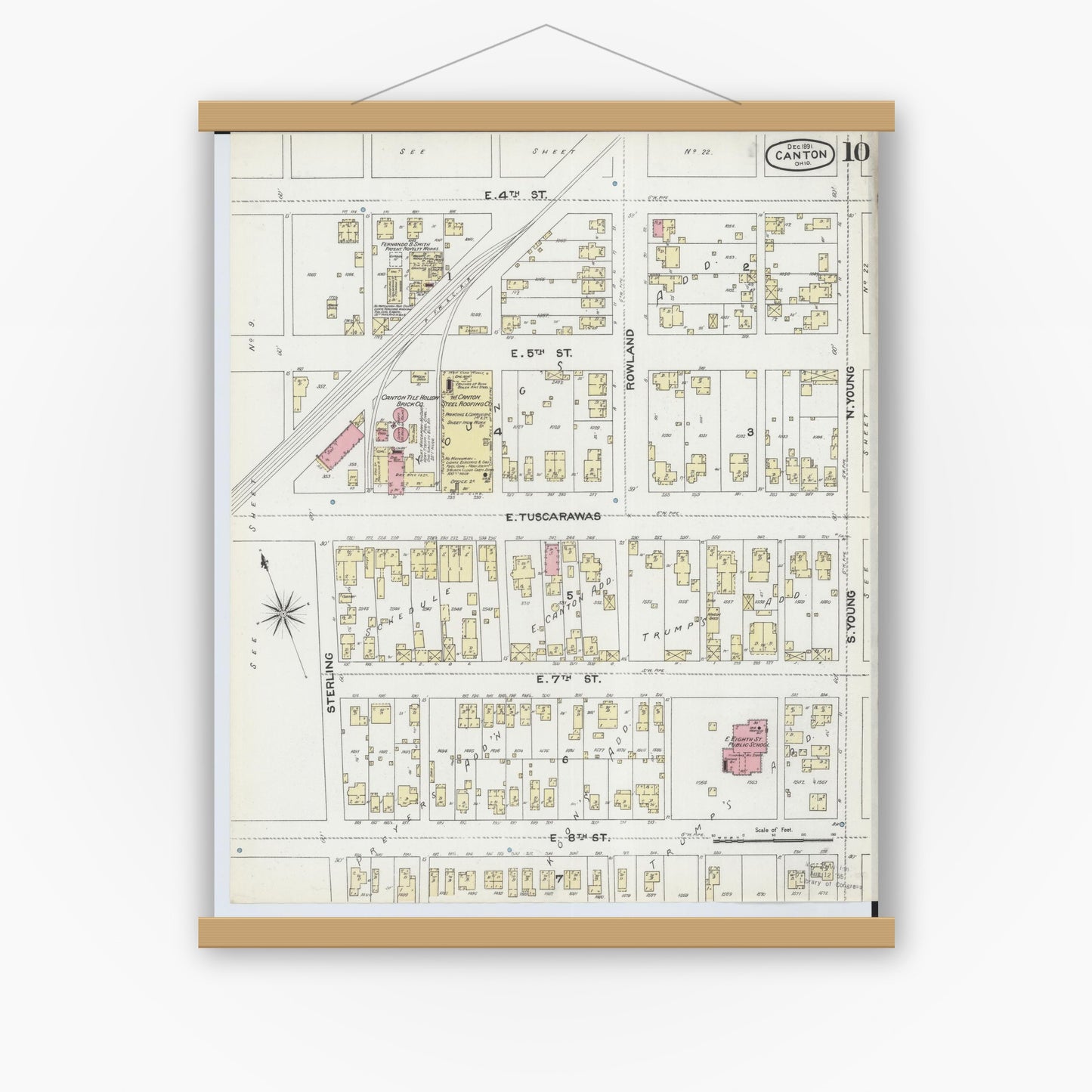 Old map wall art mockup — magnetic wood frame on white wall — Sanborn Fire Insurance Map from Canton, Stark County, Ohio (1891), Sheet #0010