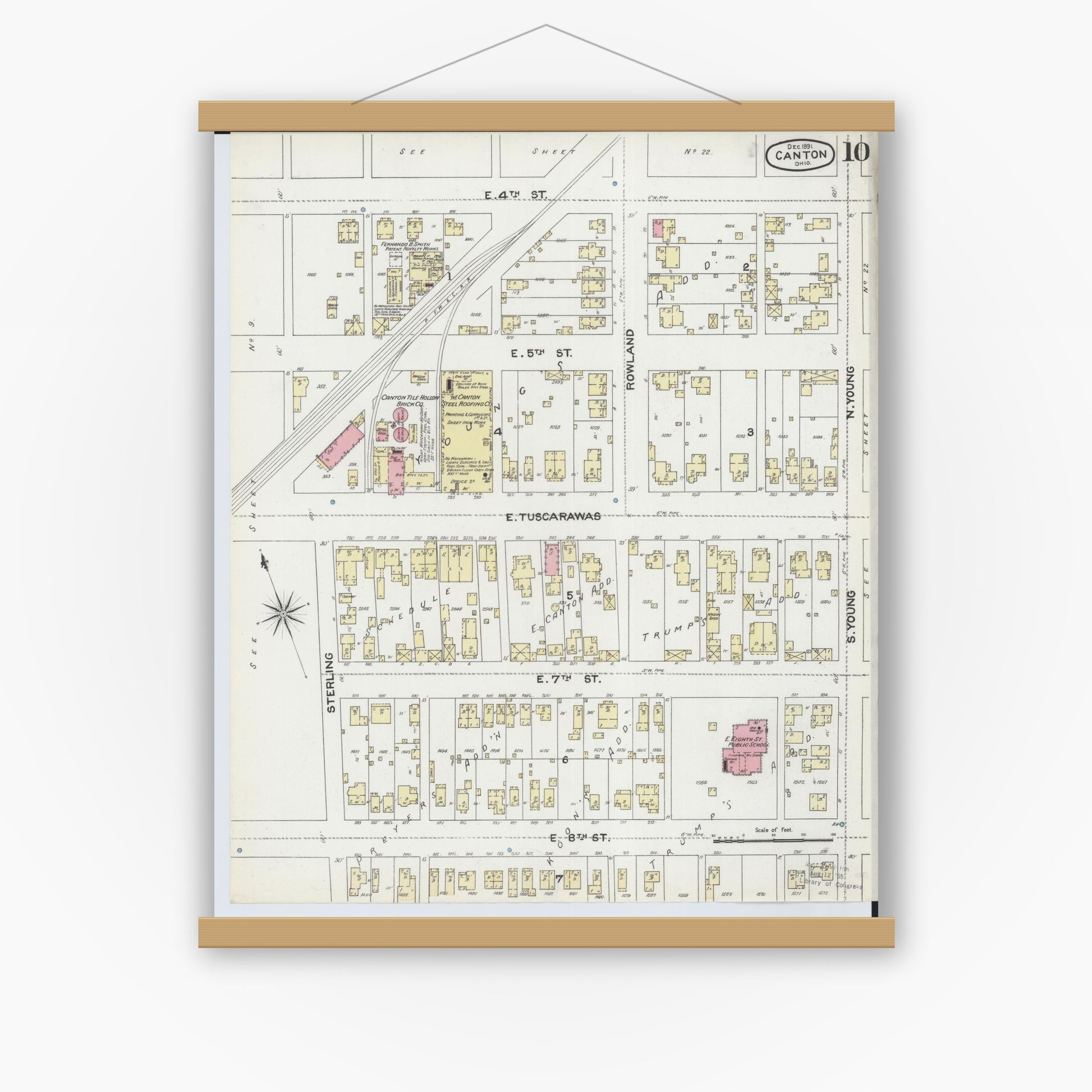 Old map wall art mockup — magnetic wood frame on white wall — Sanborn Fire Insurance Map from Canton, Stark County, Ohio (1891), Sheet #0010