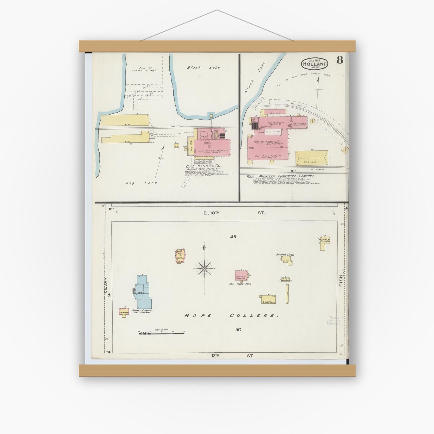 Old map wall art mockup — magnetic wood frame on white wall — Sanborn Fire Insurance Map from Holland, Ottawa County, Michigan (1893), Sheet #0008