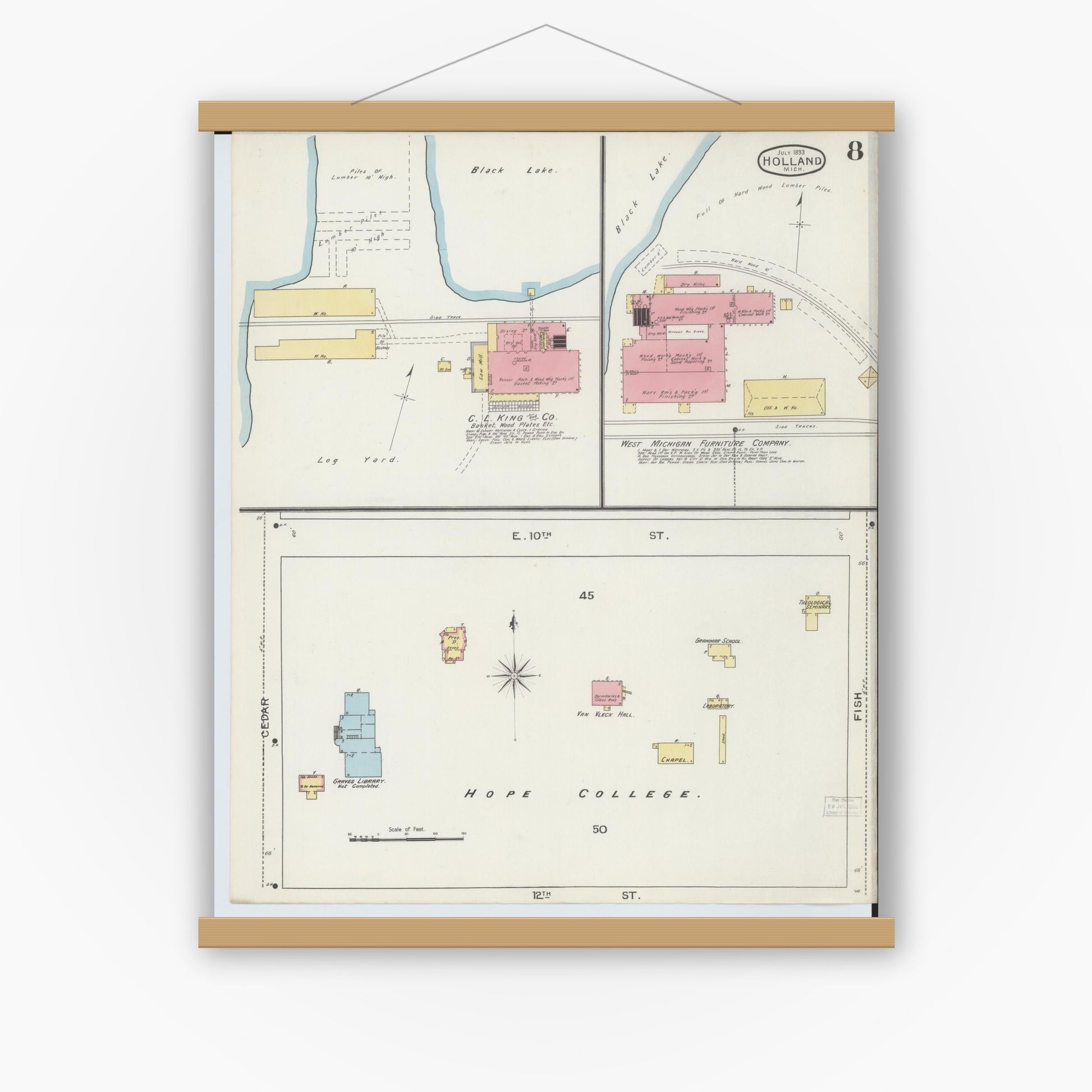 Old map wall art mockup — magnetic wood frame on white wall — Sanborn Fire Insurance Map from Holland, Ottawa County, Michigan (1893), Sheet #0008