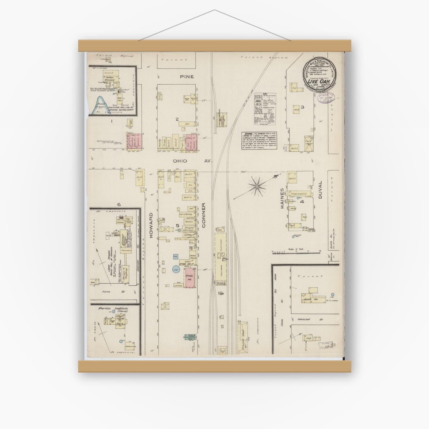 Old map wall art mockup — magnetic wood frame on white wall — Sanborn Fire Insurance Map from Live Oak, Suwanee County, Florida (1885), Sheet #0001