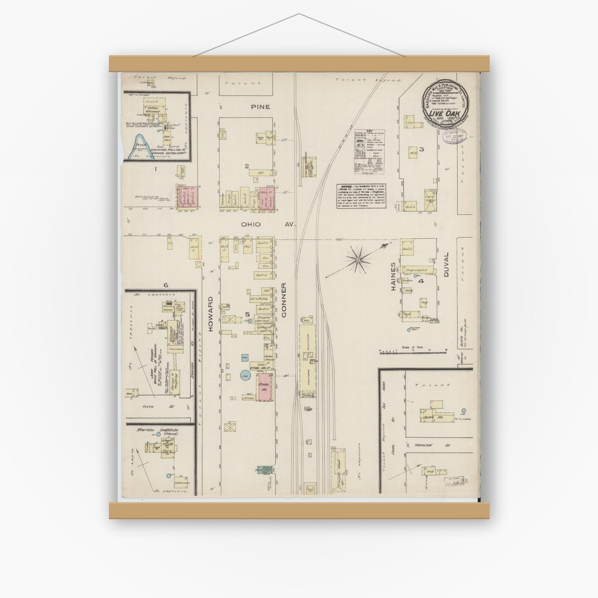Old map wall art mockup — magnetic wood frame on white wall — Sanborn Fire Insurance Map from Live Oak, Suwanee County, Florida (1885), Sheet #0001