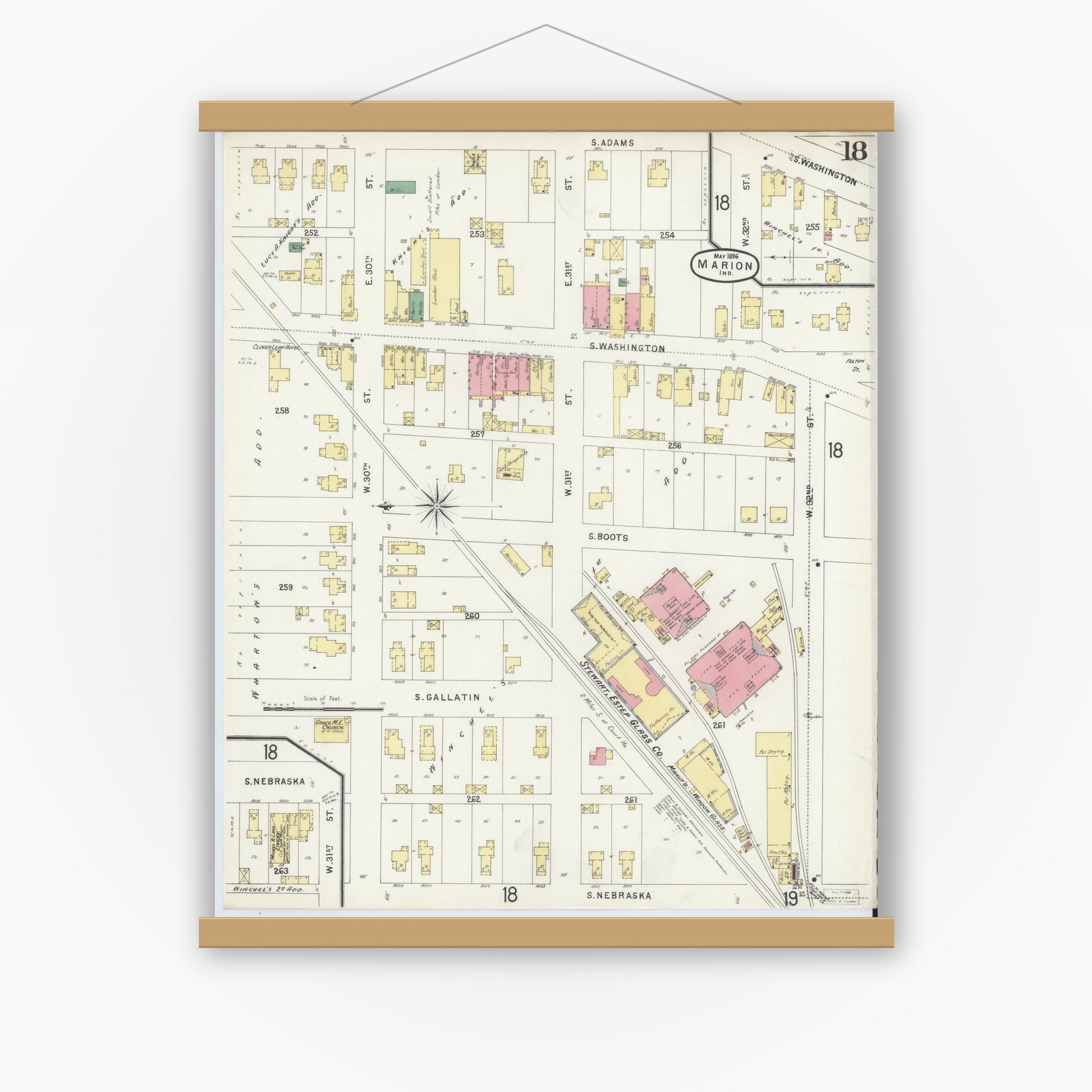Old map wall art mockup — magnetic wood frame on white wall — Sanborn Fire Insurance Map from Marion, Grant County, Indiana (1896), Sheet #0018