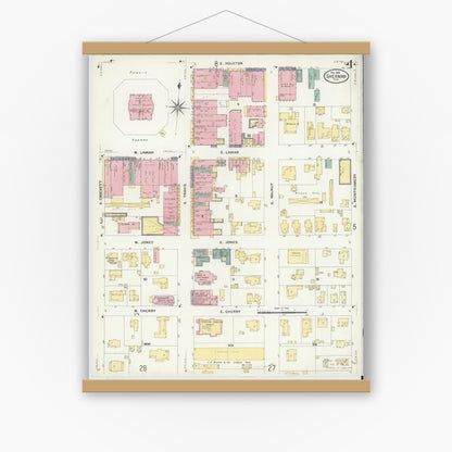 Old map wall art mockup — magnetic wood frame on white wall — Sanborn Fire Insurance Map from Sherman, Grayson County, Texas (1908), Sheet #0004