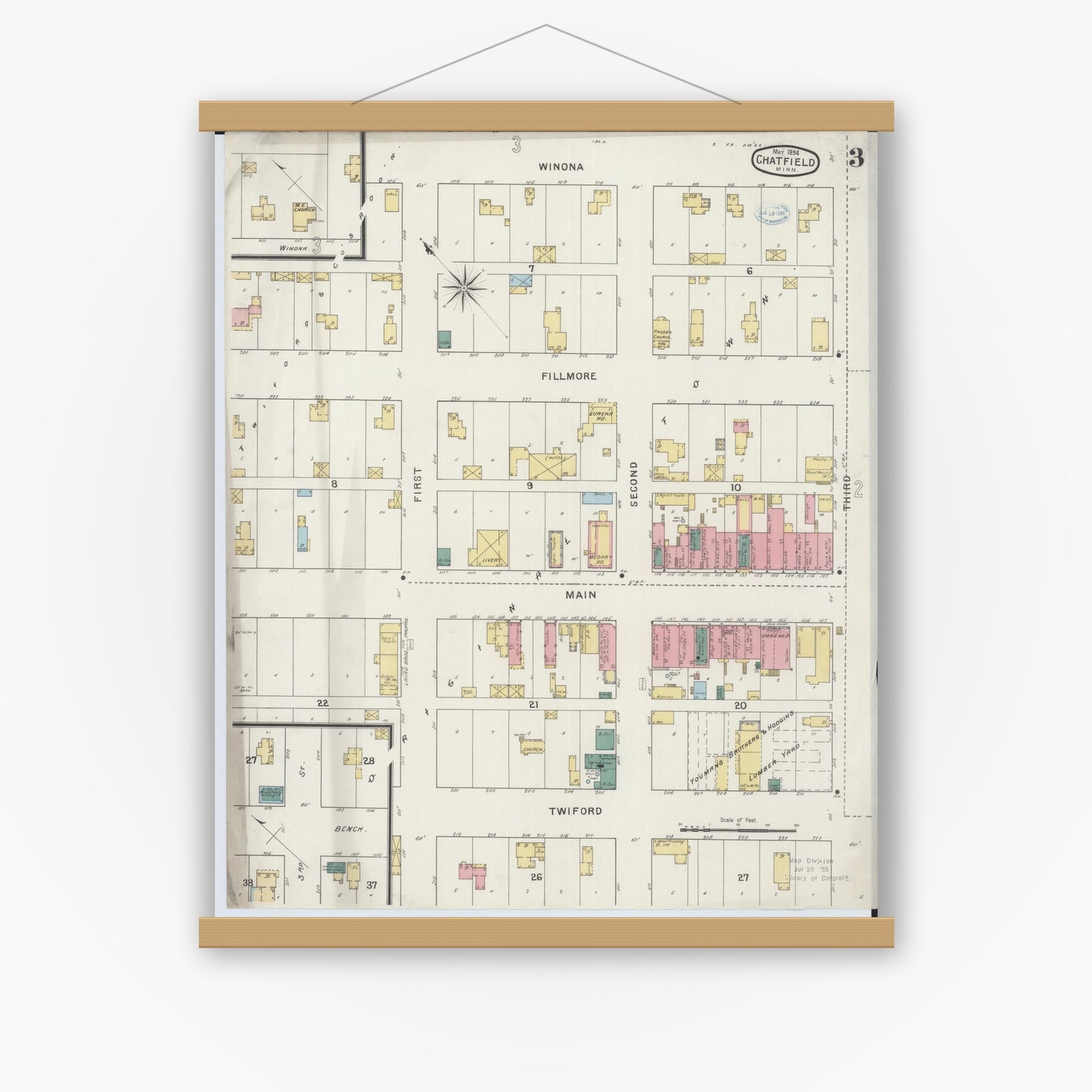 Old map wall art mockup — magnetic wood frame on white wall — Sanborn Fire Insurance Map from Chatfield, Fillmore And Olmsted Counties, Minnesota (1894), Sheet #0003