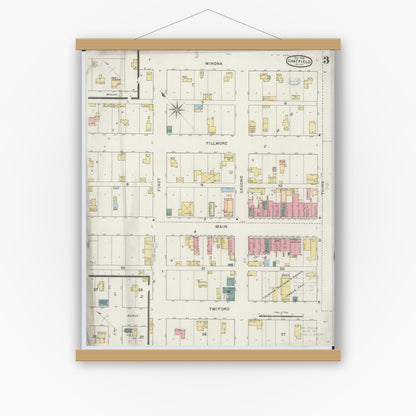 Old map wall art mockup — magnetic wood frame on white wall — Sanborn Fire Insurance Map from Chatfield, Fillmore And Olmsted Counties, Minnesota (1894), Sheet #0003