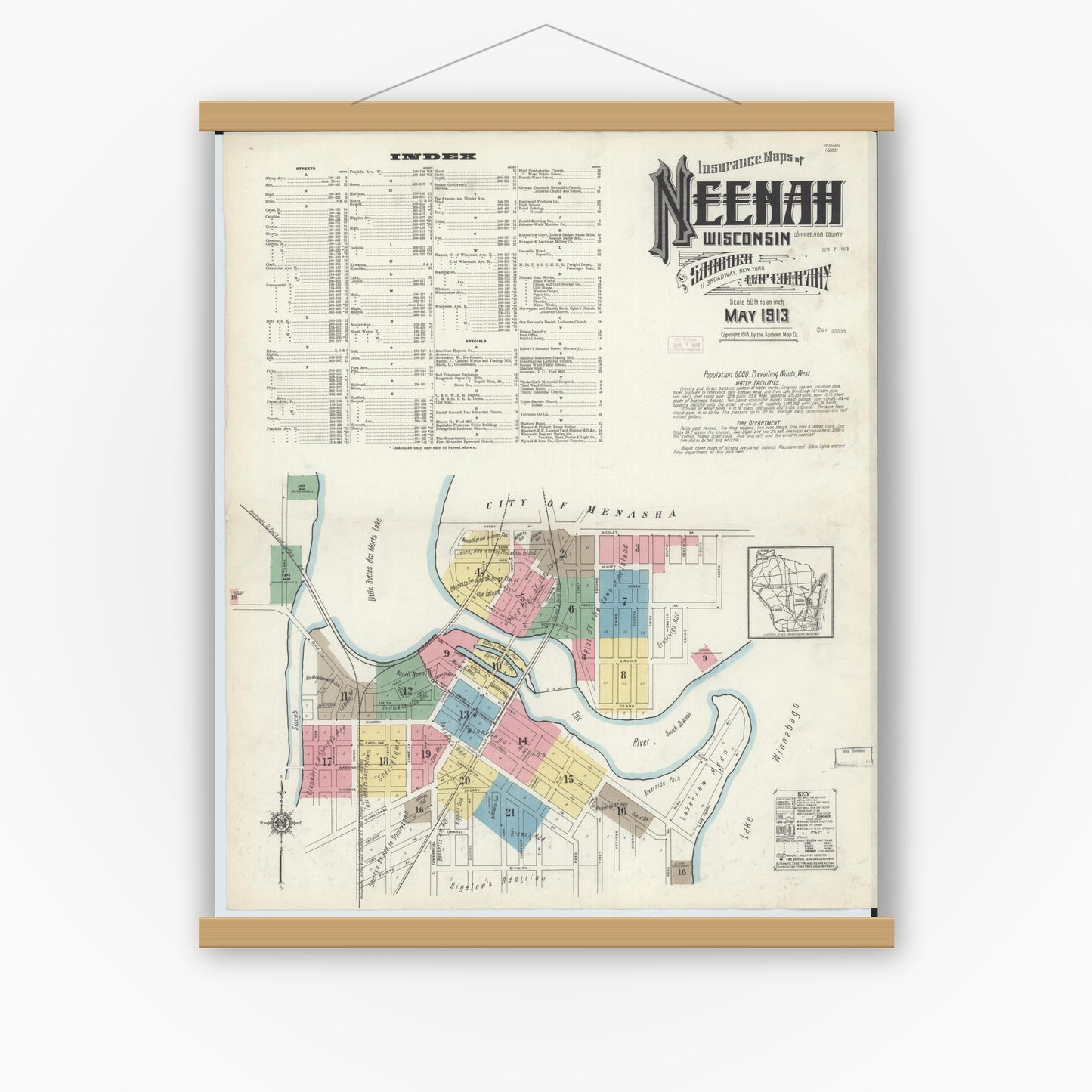 Old map wall art mockup — magnetic wood frame on white wall — Sanborn Fire Insurance Map from Neenah, Winnebago County, Wisconsin (1913) - Complete Map Set