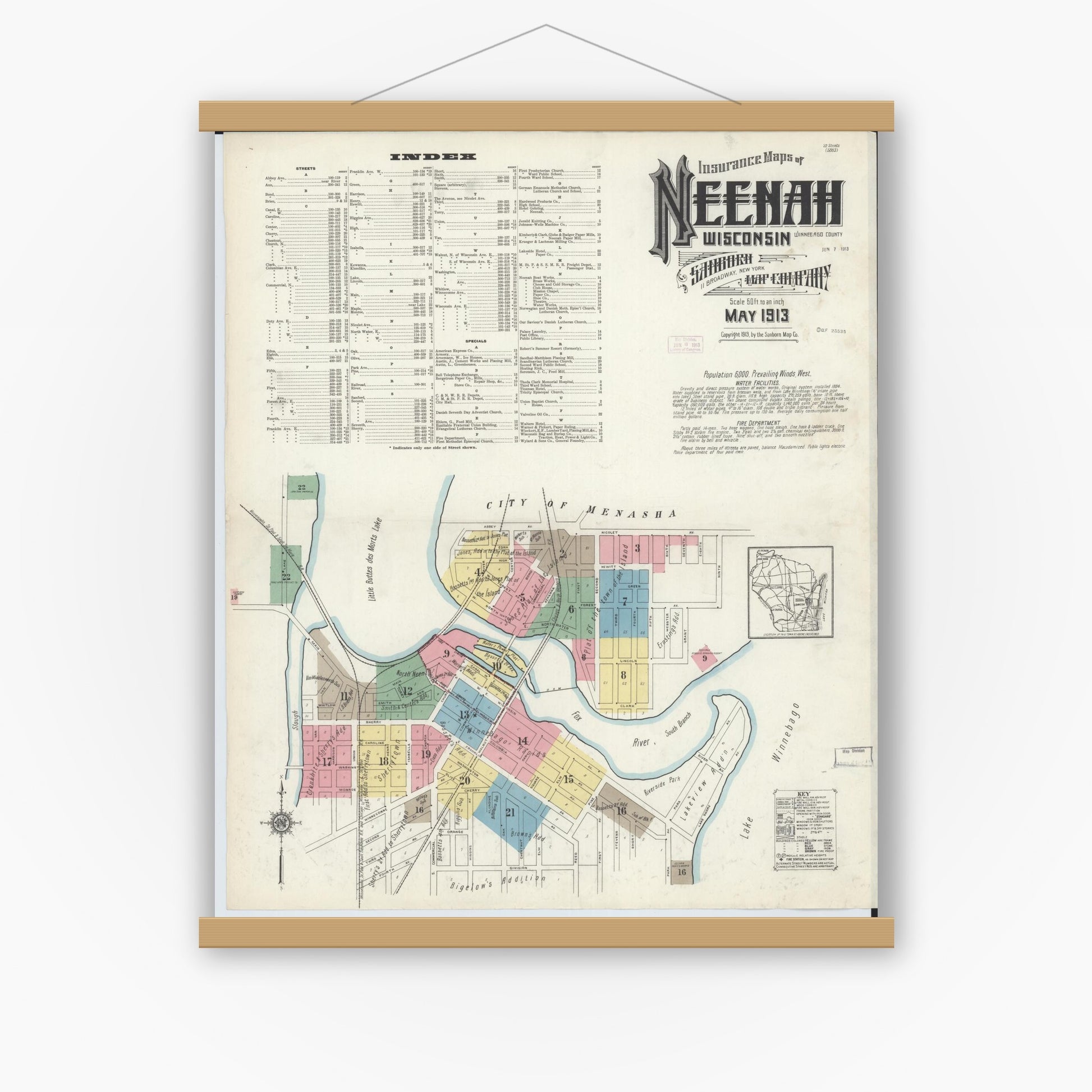 Old map wall art mockup — magnetic wood frame on white wall — Sanborn Fire Insurance Map from Neenah, Winnebago County, Wisconsin (1913) - Complete Map Set