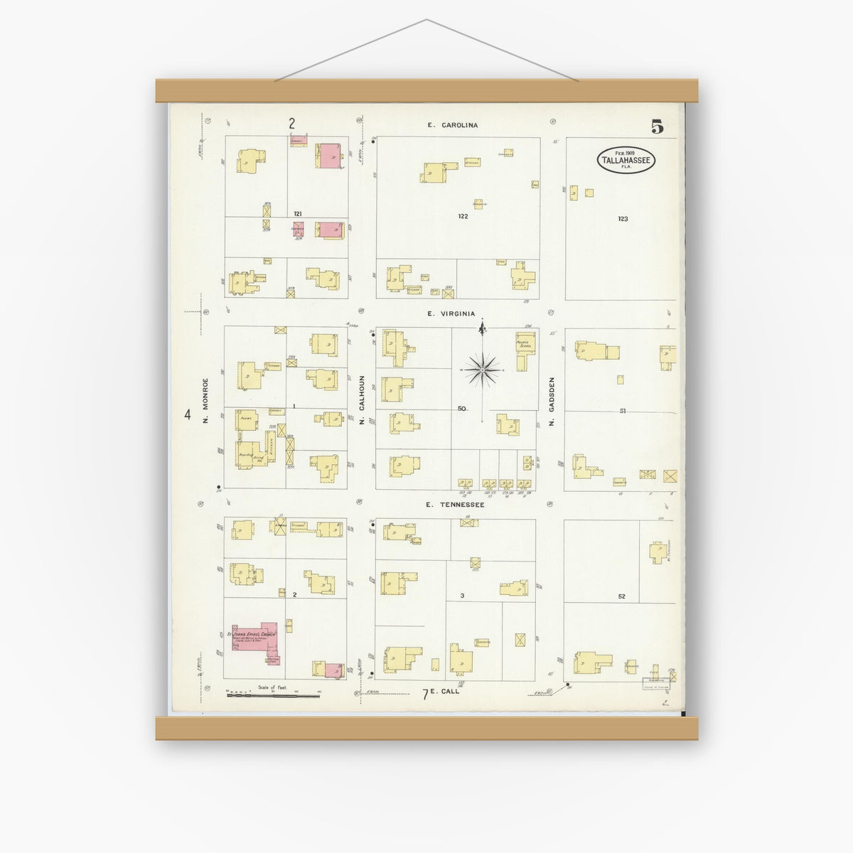 Old map wall art mockup — magnetic wood frame on white wall — Sanborn Fire Insurance Map from Tallahassee, Leon County, Florida (1909), Sheet #0005